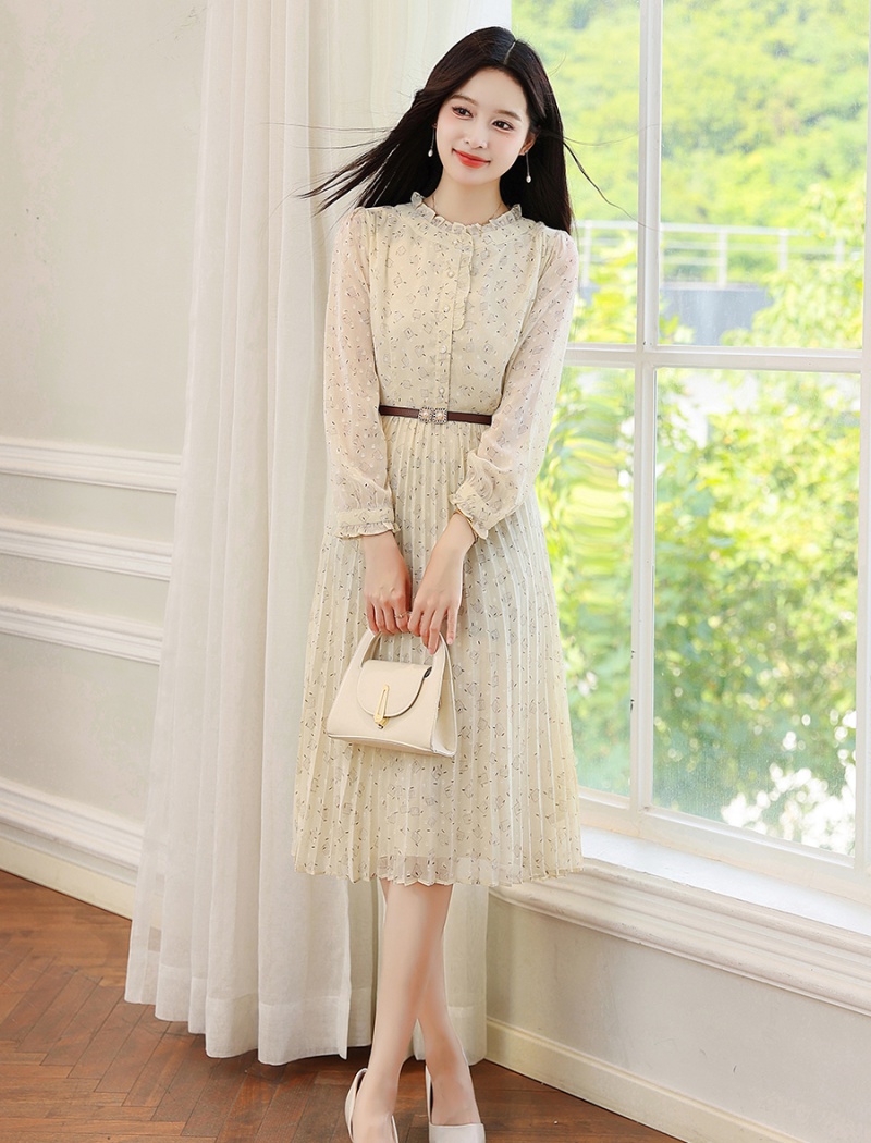 Pinched waist apricot chiffon pleated dress for women