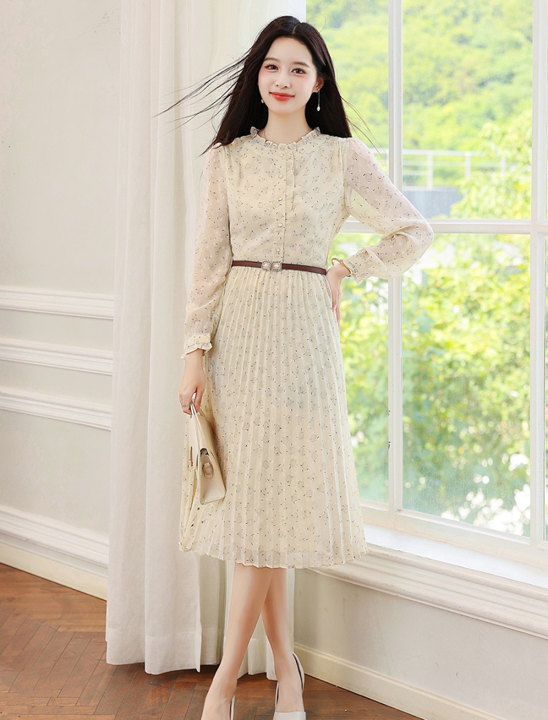 Pinched waist apricot chiffon pleated dress for women