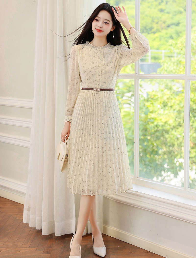 Pinched waist apricot chiffon pleated dress for women