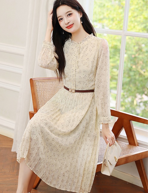 Pinched waist apricot chiffon pleated dress for women