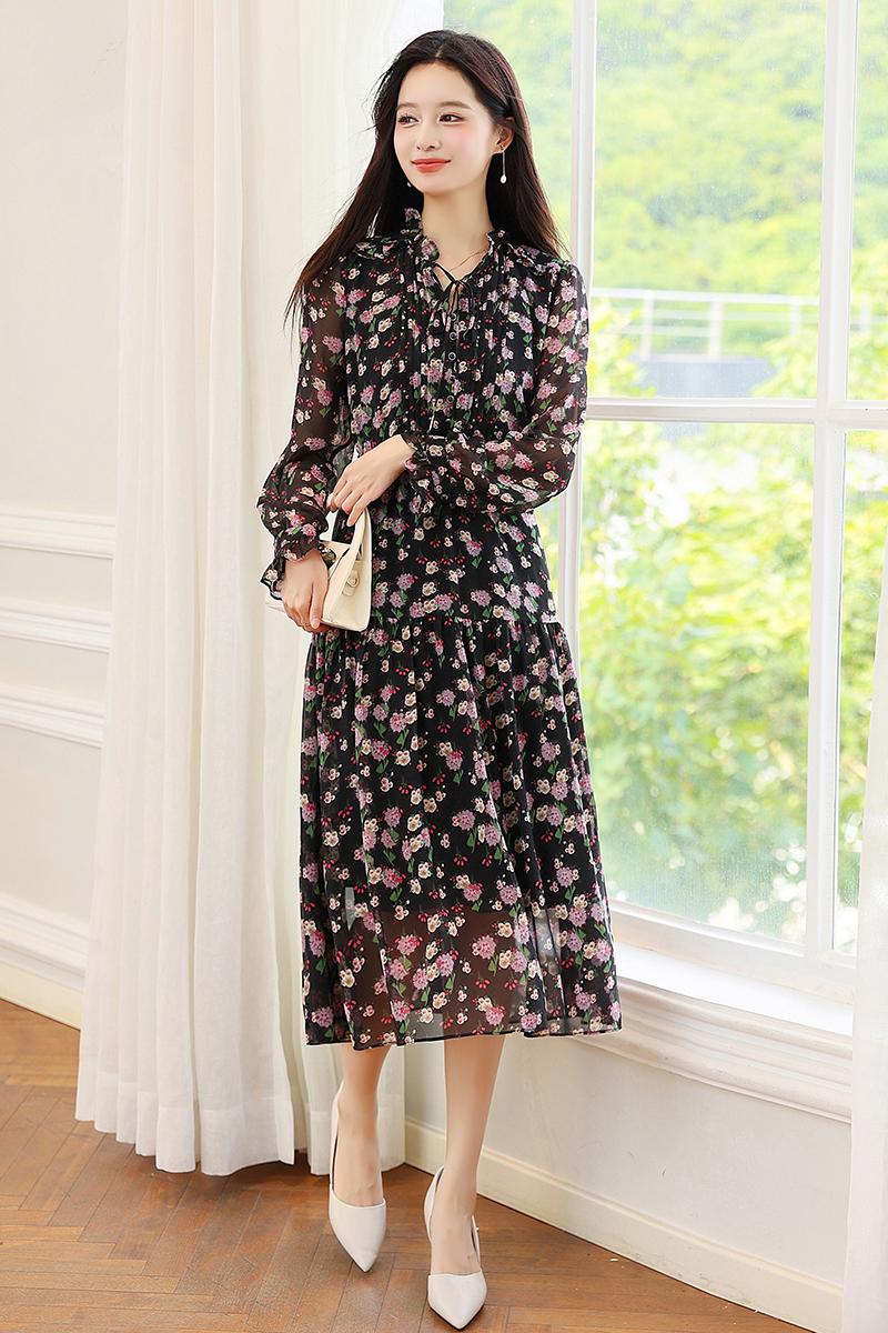 Black chiffon wood ear floral long sleeve retro dress