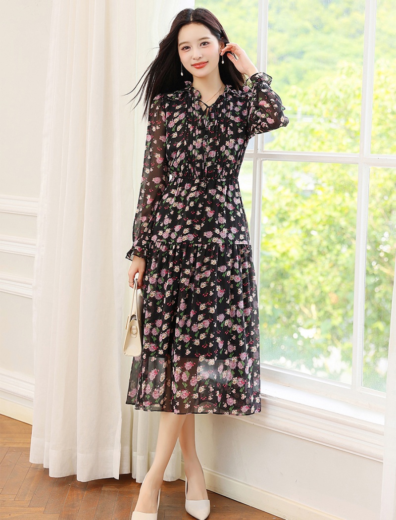 Black chiffon wood ear floral long sleeve retro dress