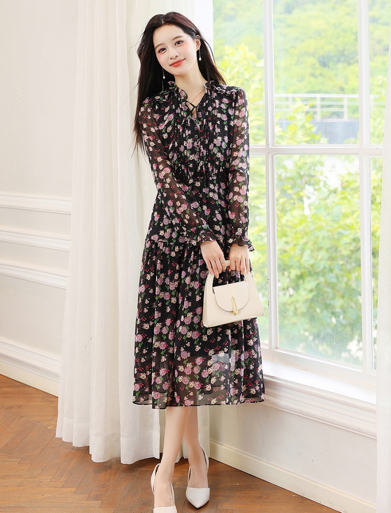 Black chiffon wood ear floral long sleeve retro dress