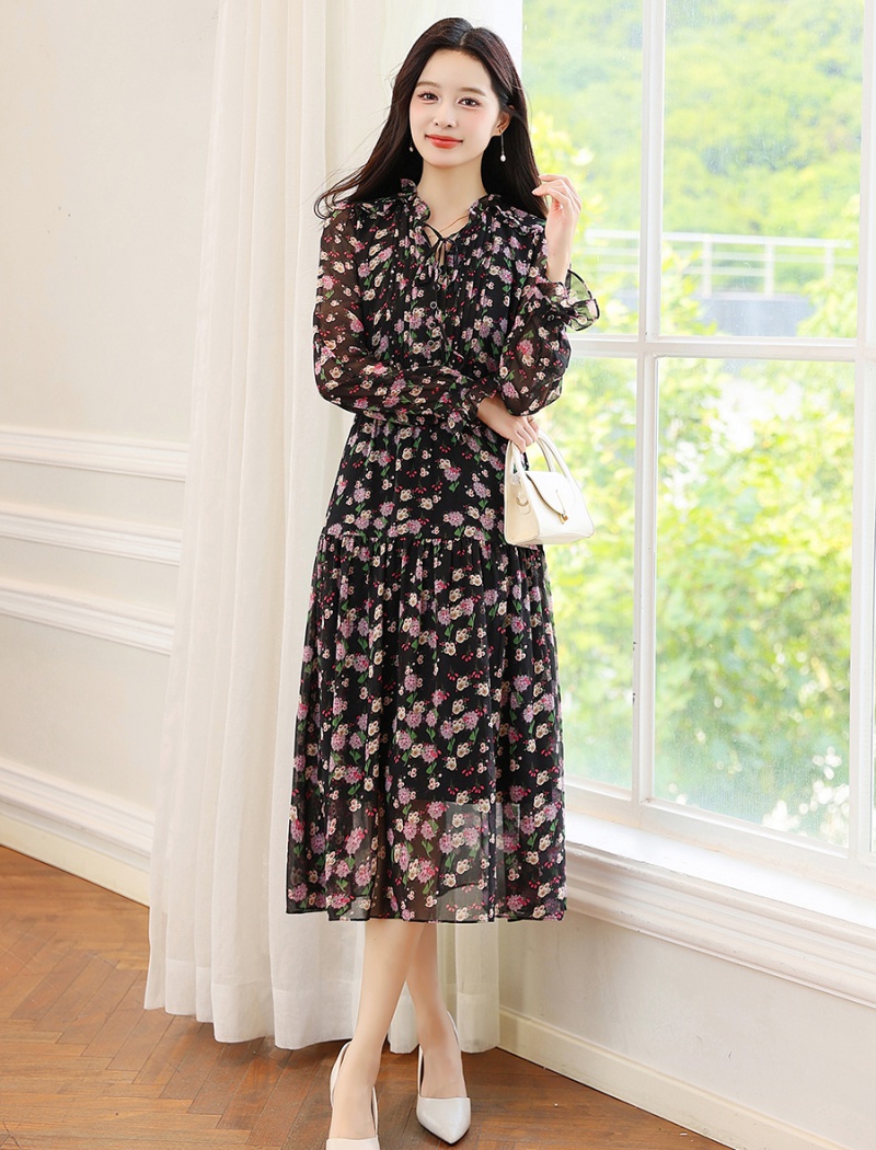 Black chiffon wood ear floral long sleeve retro dress