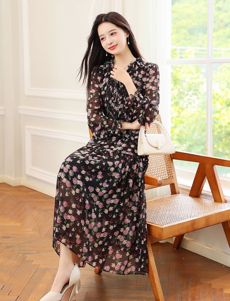 Black chiffon wood ear floral long sleeve retro dress