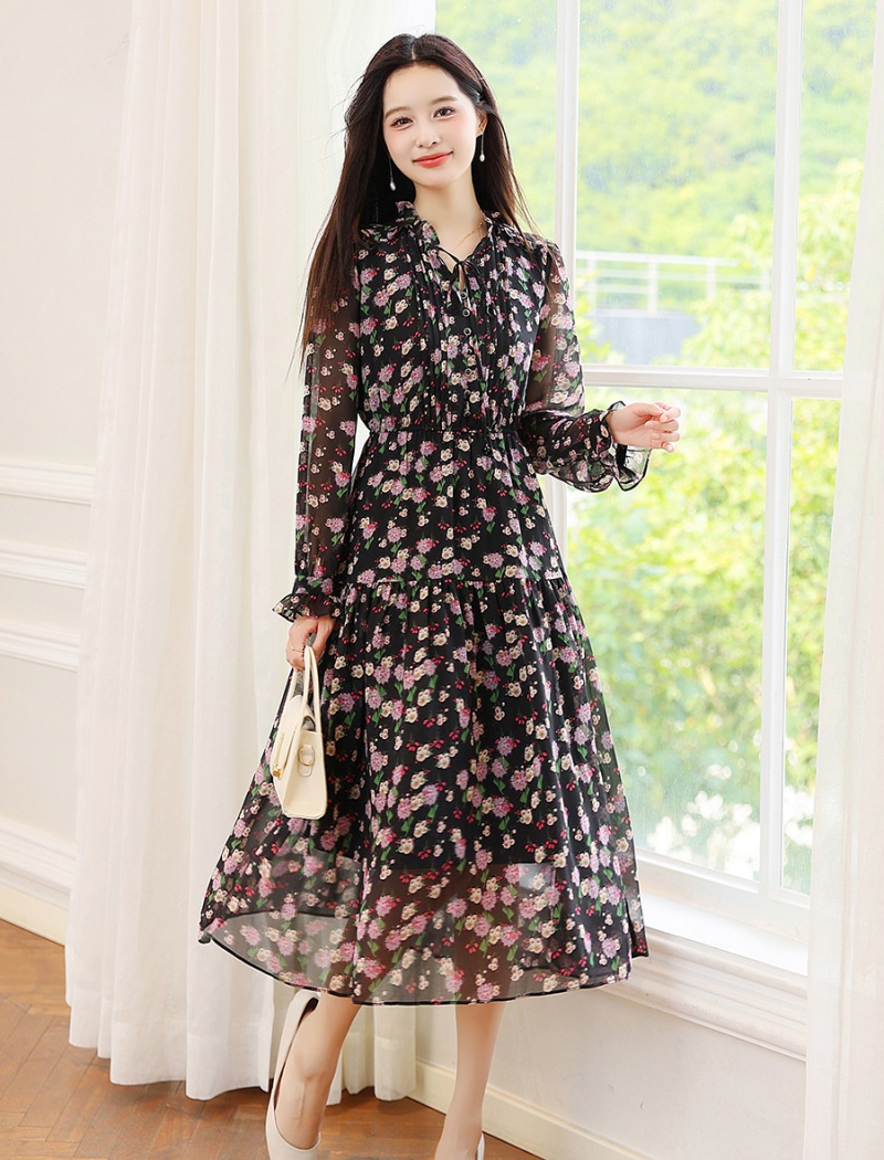 Black chiffon wood ear floral long sleeve retro dress