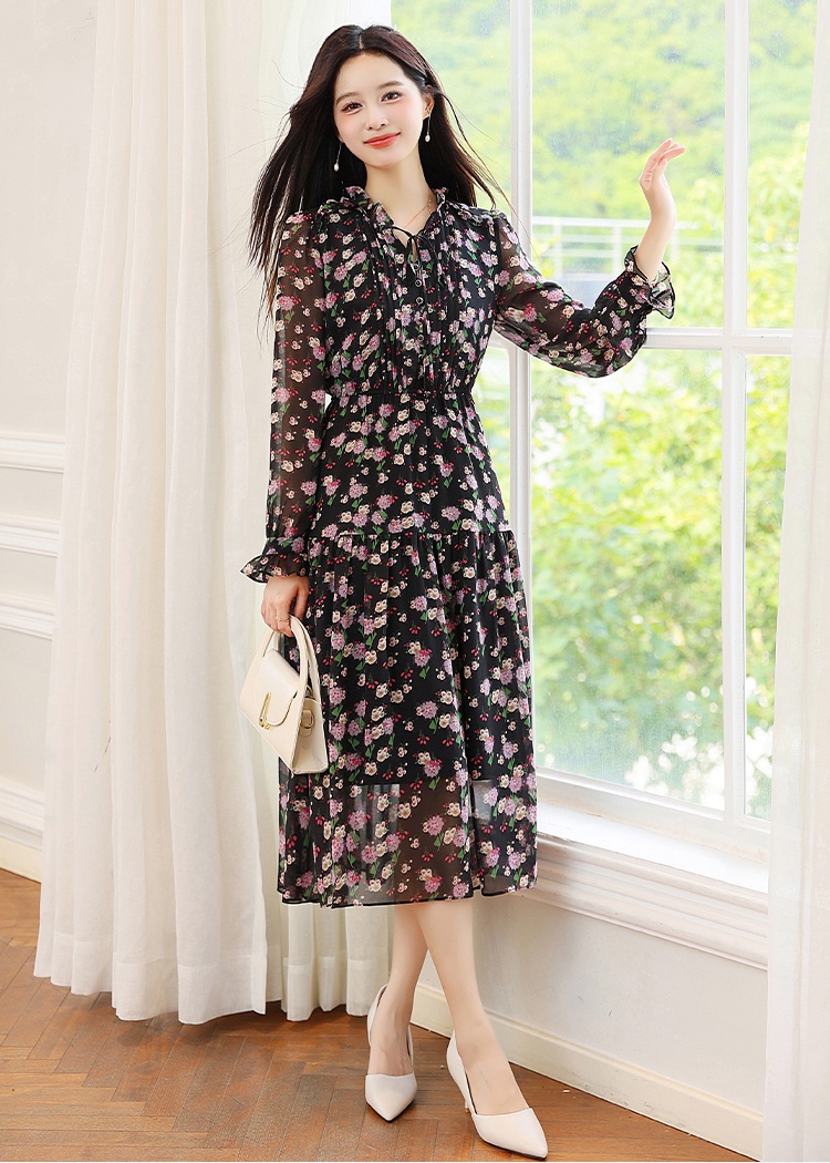 Black chiffon wood ear floral long sleeve retro dress