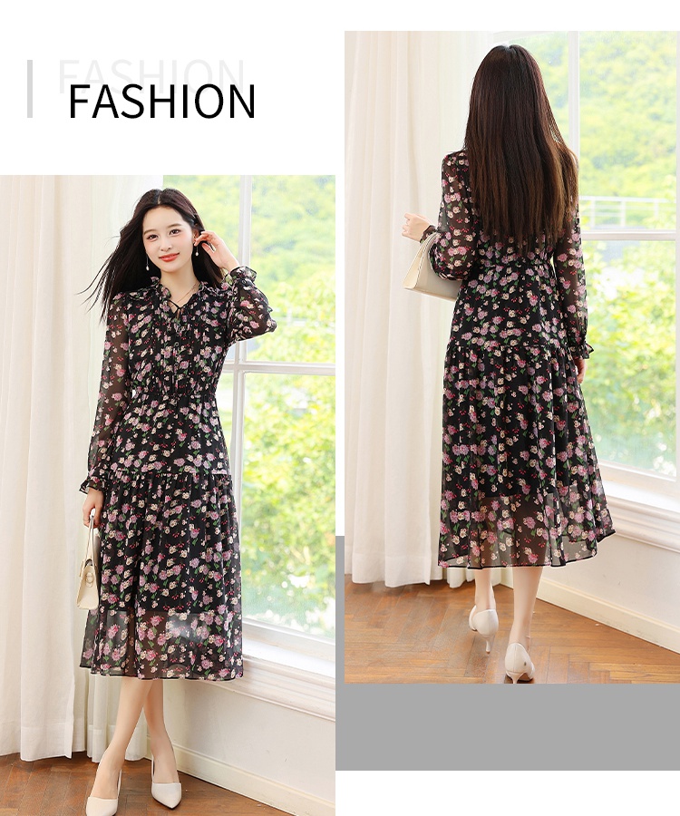 Black chiffon wood ear floral long sleeve retro dress