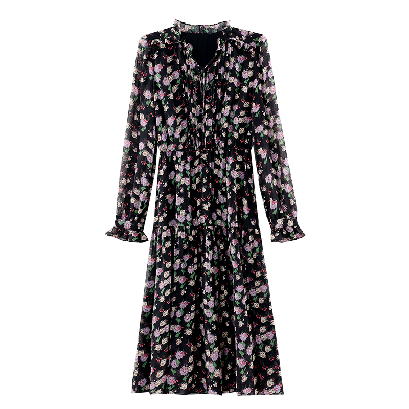 Black chiffon wood ear floral long sleeve retro dress