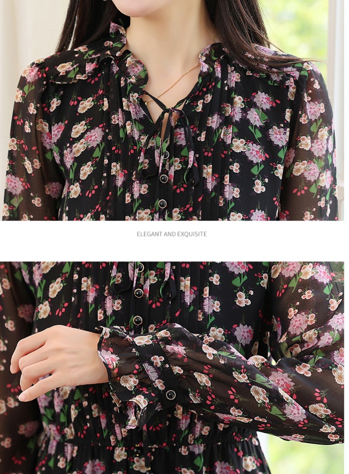 Black chiffon wood ear floral long sleeve retro dress