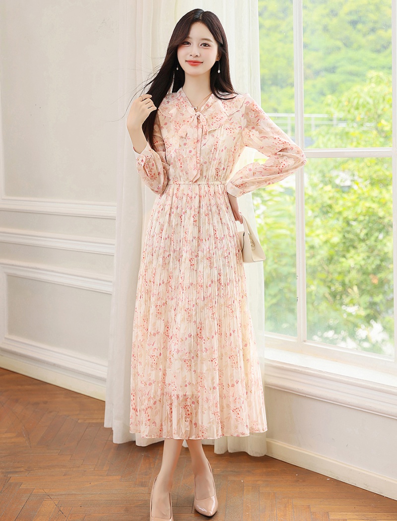 Spring and autumn tender pleated chiffon colors dress