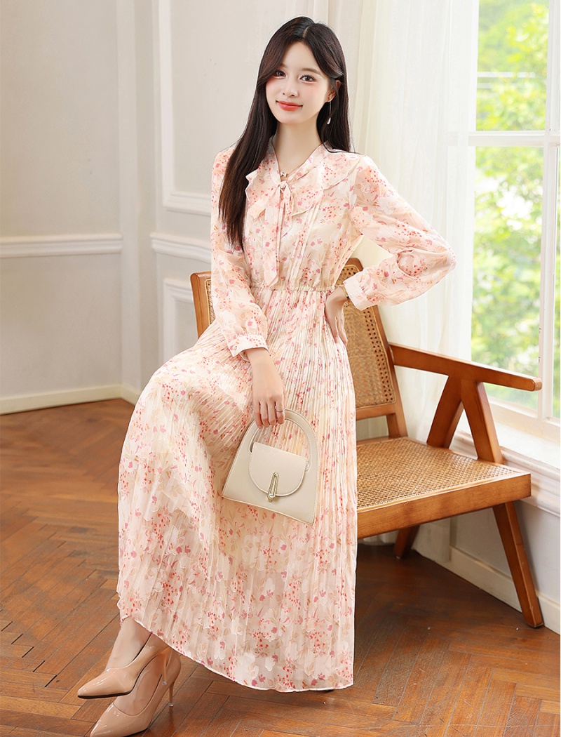 Spring and autumn tender pleated chiffon colors dress