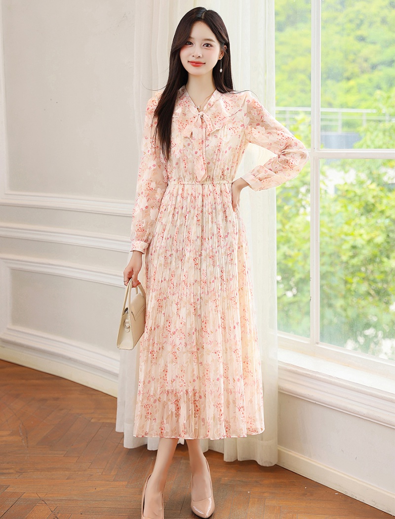 Spring and autumn tender pleated chiffon colors dress