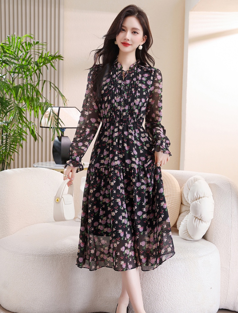 Long sleeve round neck wood ear autumn dress for women