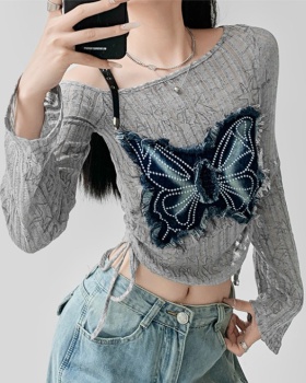 Slim long sleeve bow tops strapless short splice T-shirt