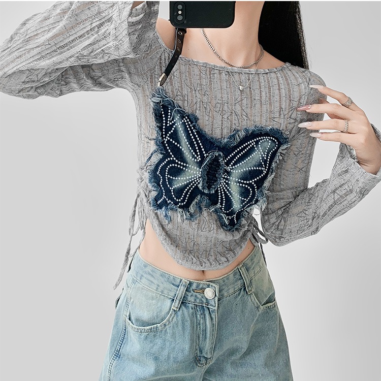 Slim long sleeve bow tops strapless short splice T-shirt