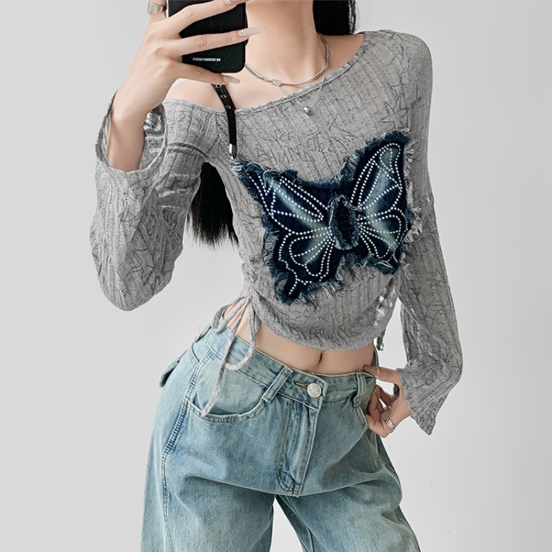 Slim long sleeve bow tops strapless short splice T-shirt