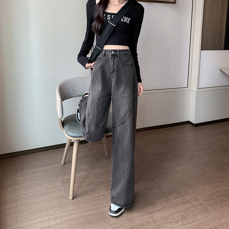 Black high waist drape wide leg retro jeans for women