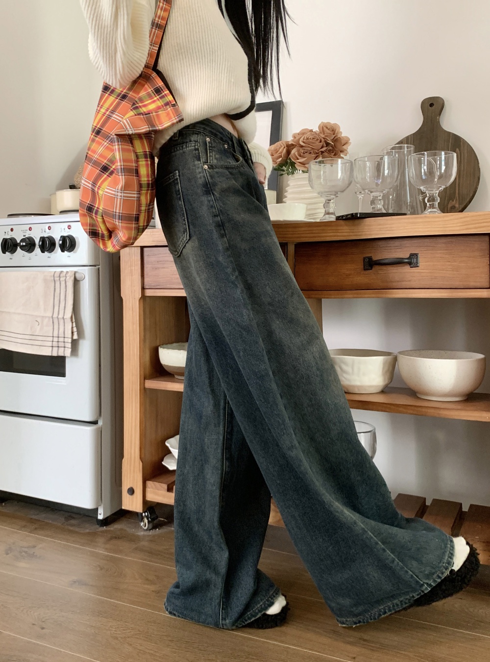 Denim straight loose mopping wide leg long pants