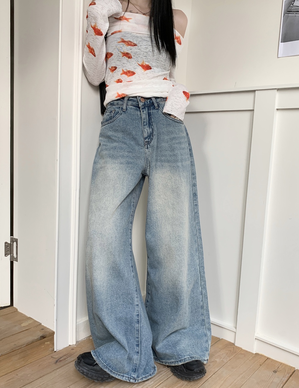 Denim straight loose mopping wide leg long pants