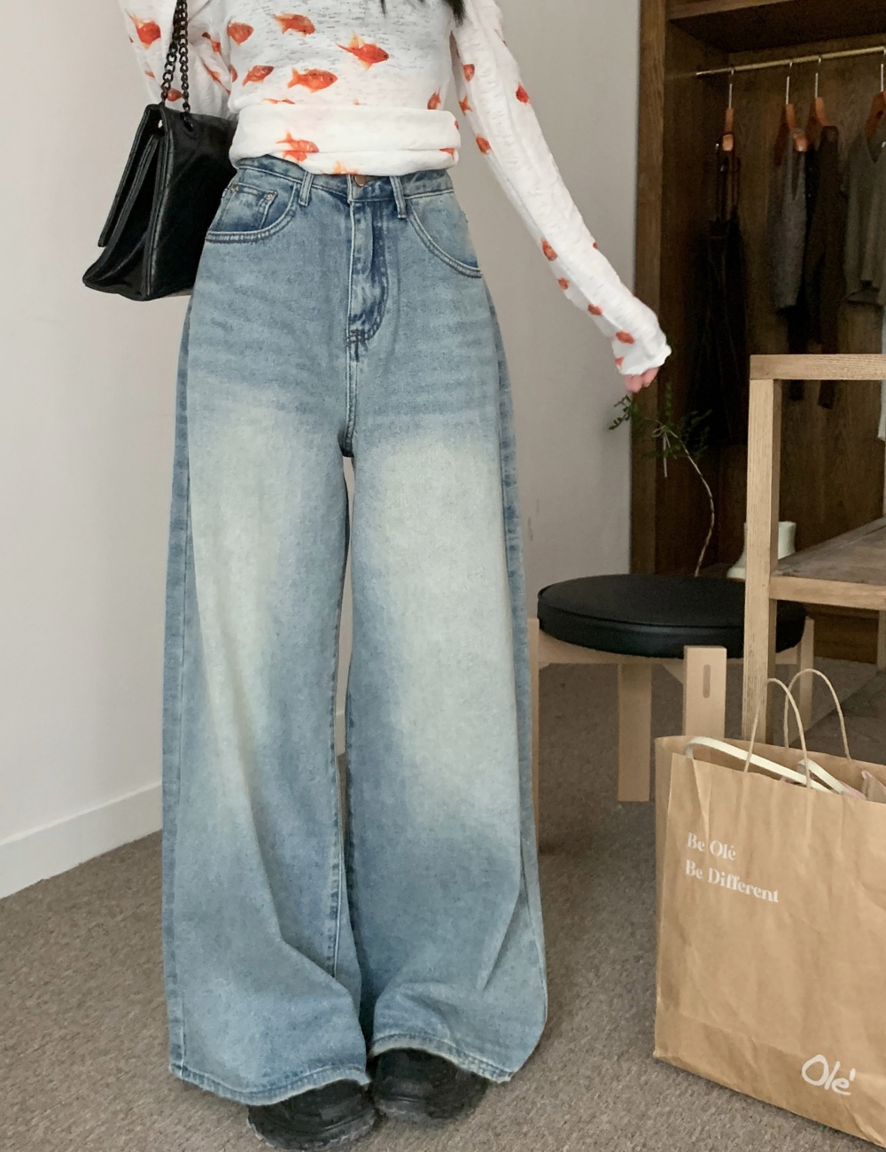 Denim straight loose mopping wide leg long pants