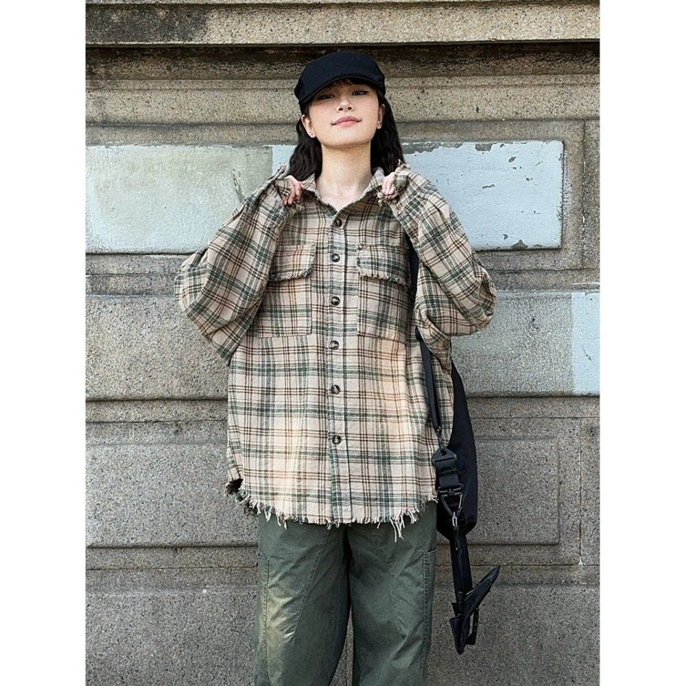 Niche retro couples coat plaid long sleeve shirt