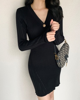 V-neck Korean style slim dress hip long sleeve T-back