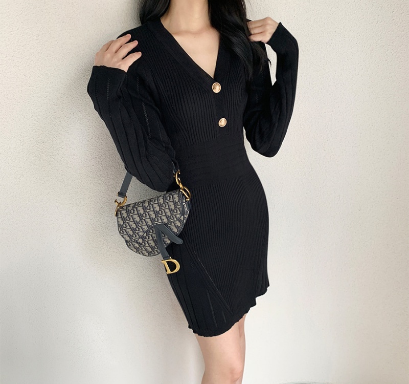 V-neck Korean style slim dress hip long sleeve T-back