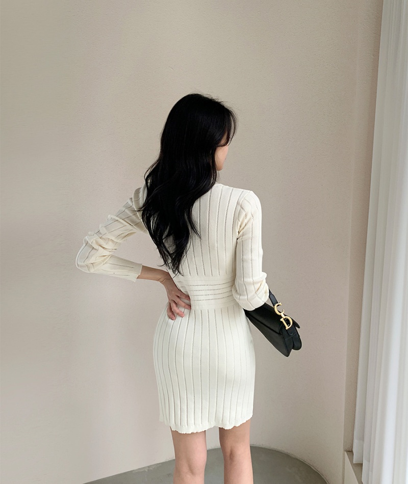 V-neck Korean style slim dress hip long sleeve T-back