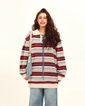 Retro bandage hollow sweater mixed colors loose stripe tops