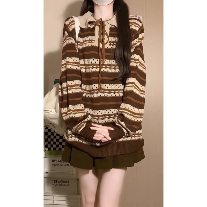 Retro bandage hollow sweater mixed colors loose stripe tops