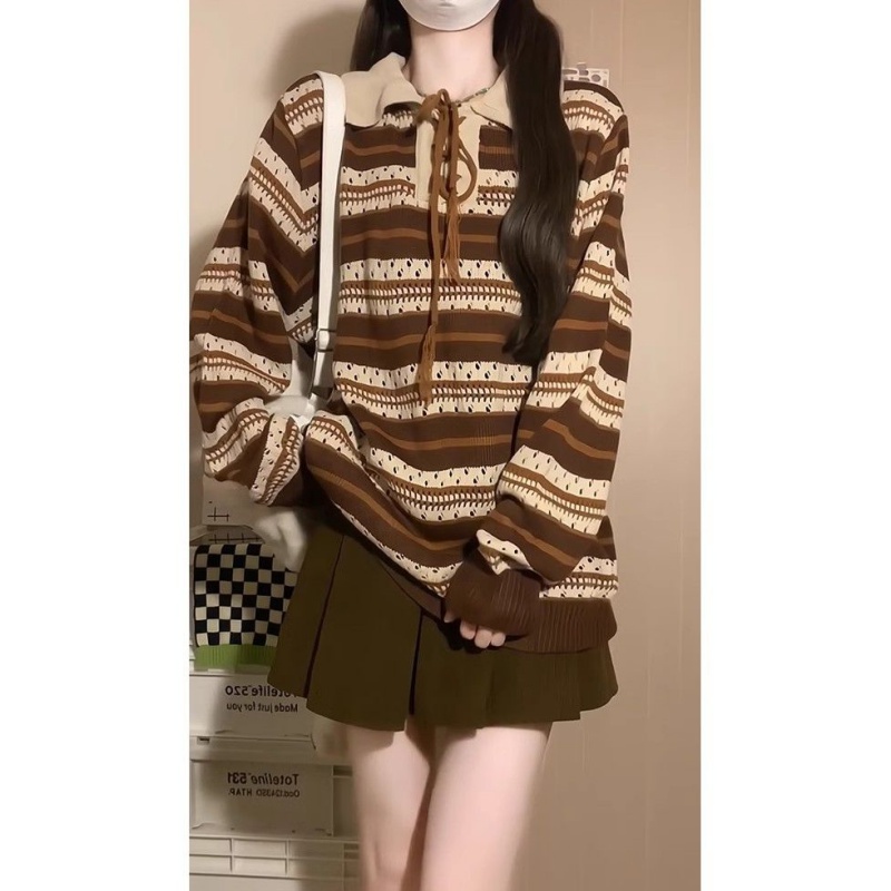 Retro bandage hollow sweater mixed colors loose stripe tops