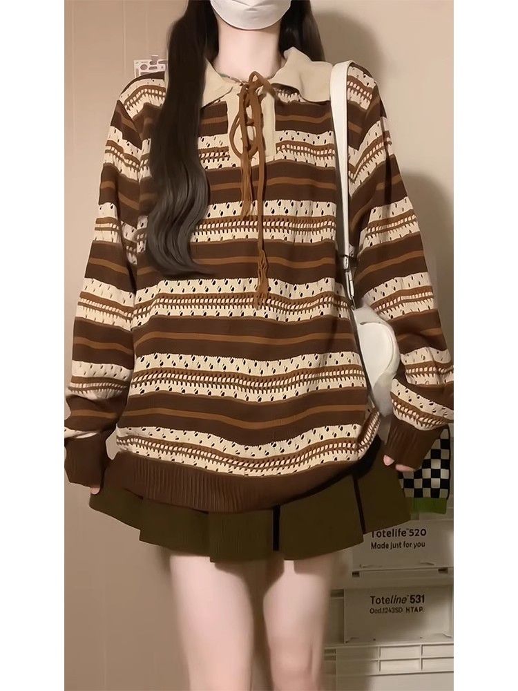 Retro bandage hollow sweater mixed colors loose stripe tops