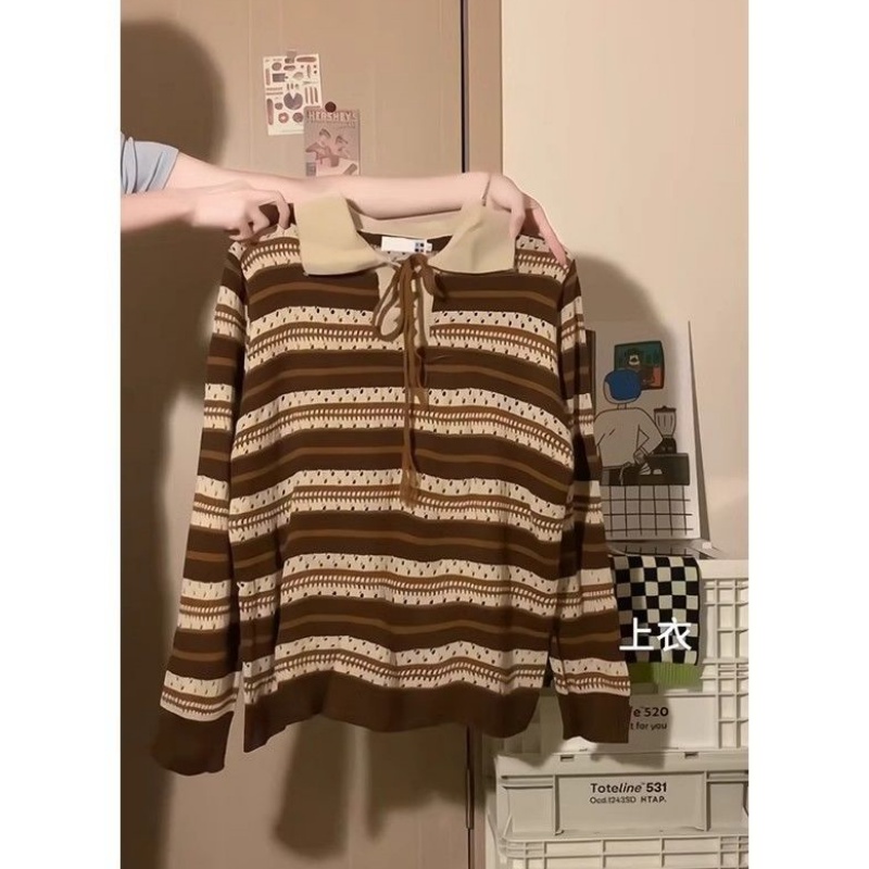 Retro bandage hollow sweater mixed colors loose stripe tops