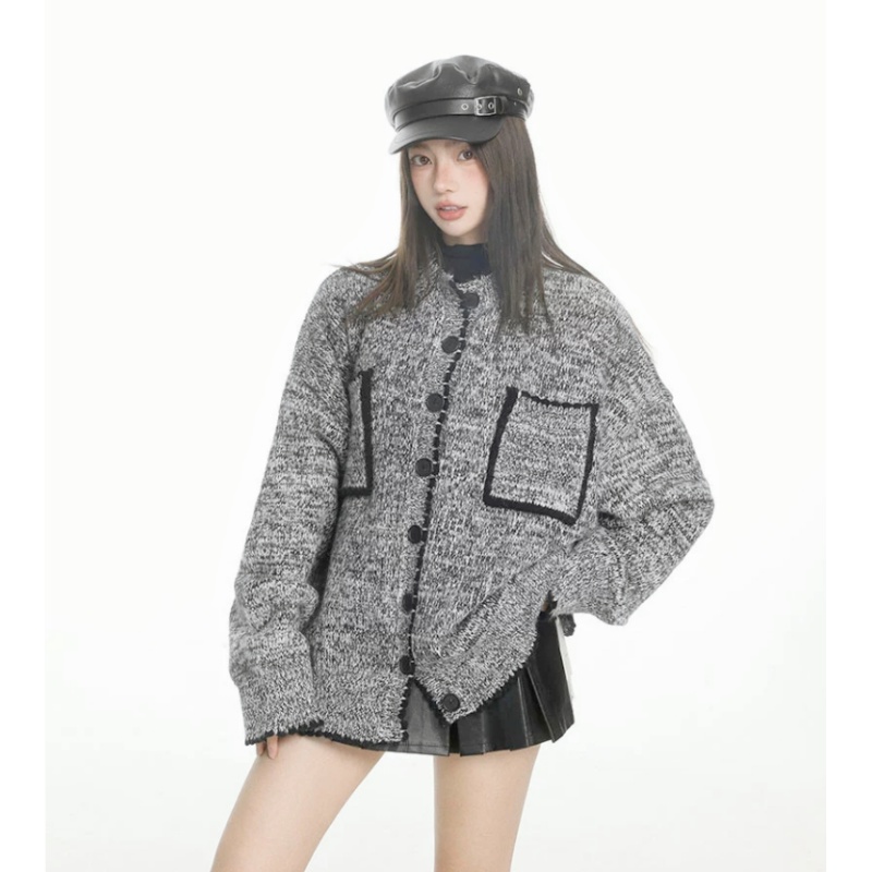 Loose autumn and winter gray sweater chanelstyle knitted coat