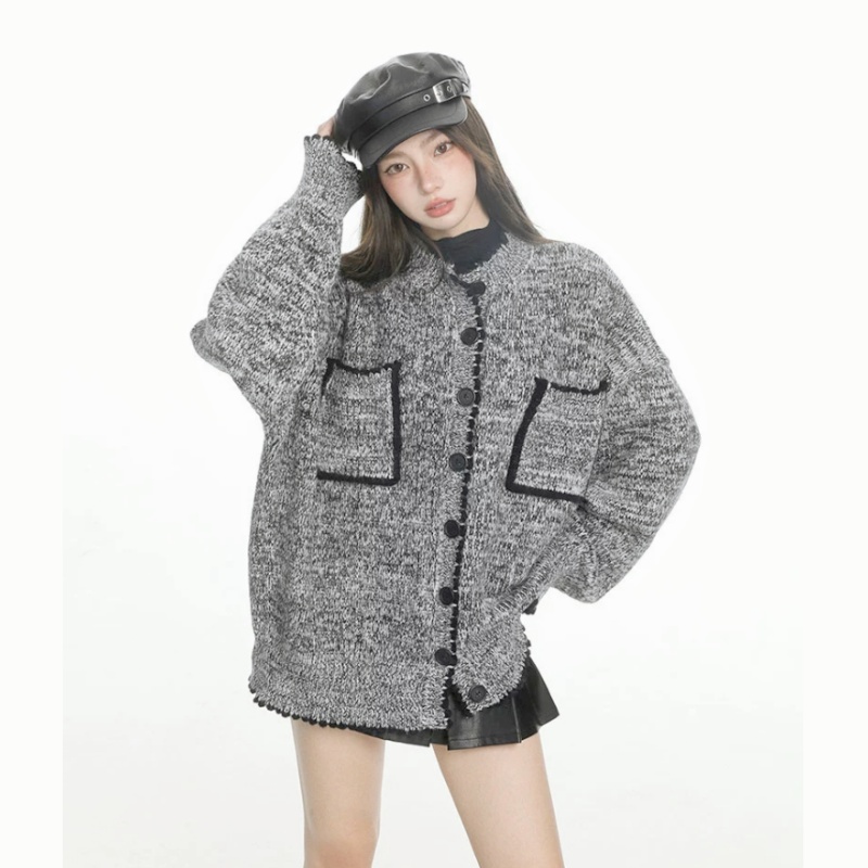 Loose autumn and winter gray sweater chanelstyle knitted coat