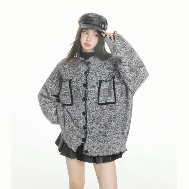 Loose autumn and winter gray sweater chanelstyle knitted coat