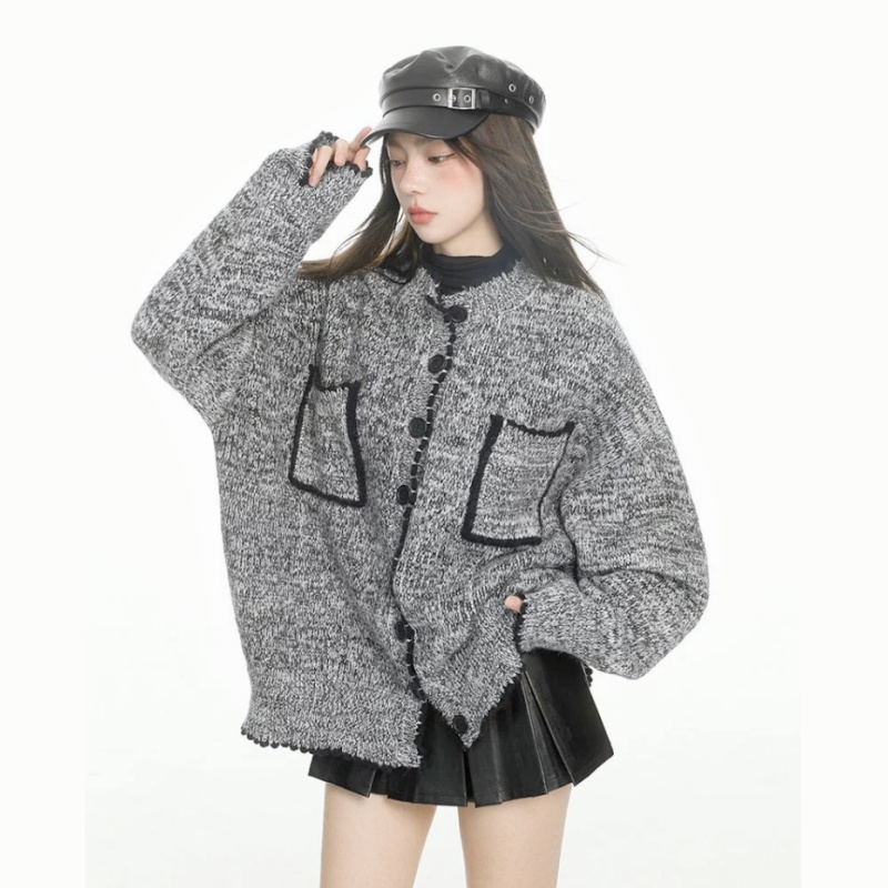 Loose autumn and winter gray sweater chanelstyle knitted coat