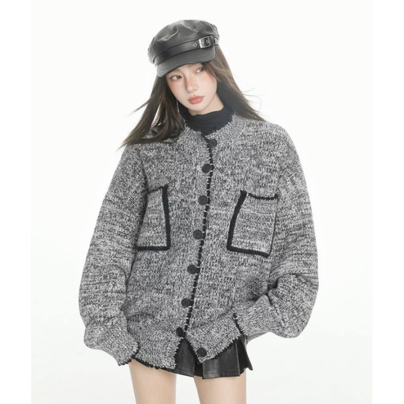 Loose autumn and winter gray sweater chanelstyle knitted coat