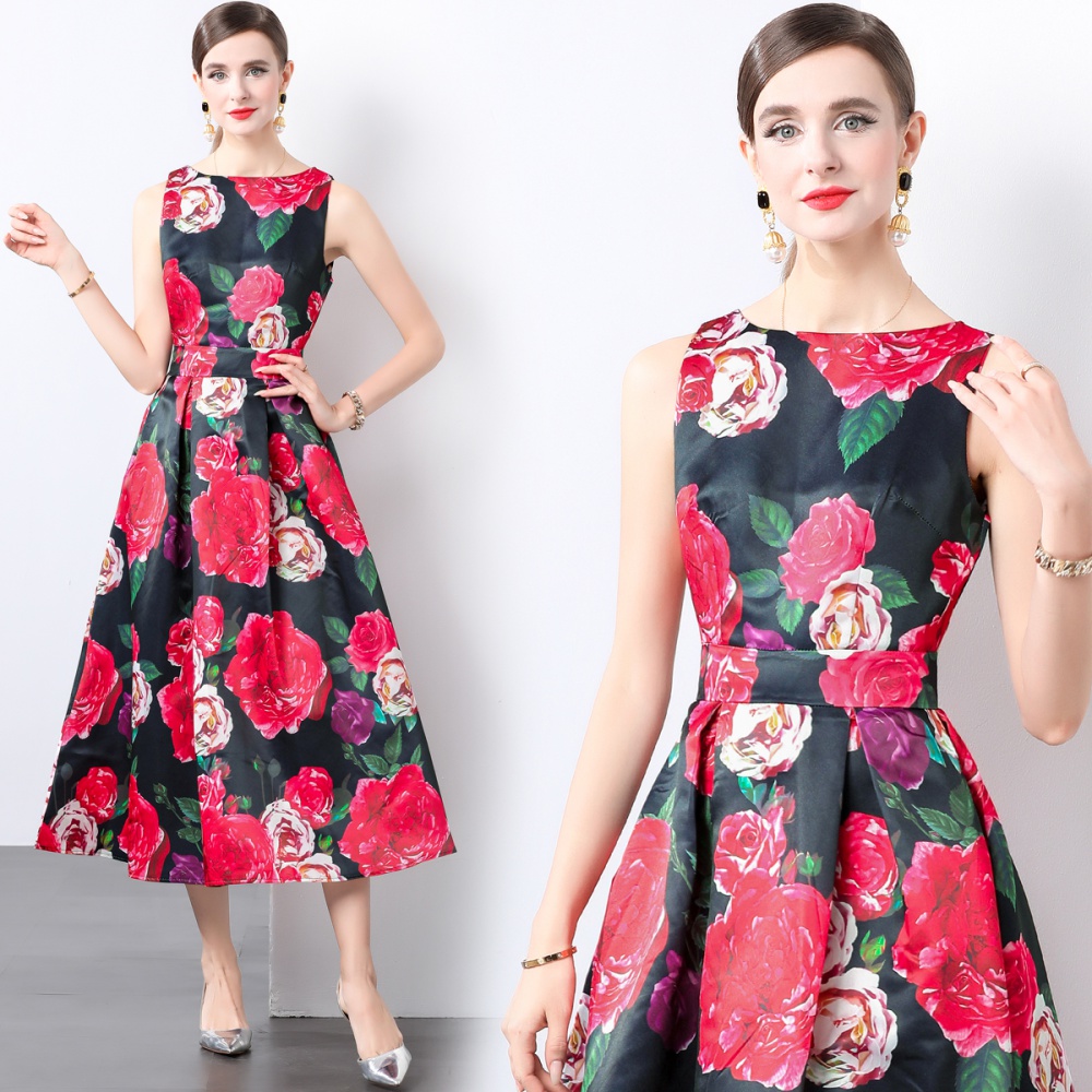 High waist sleeveless pinched waist stereoscopic dress