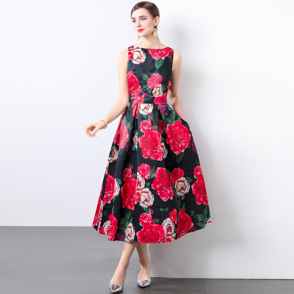 High waist sleeveless pinched waist stereoscopic dress