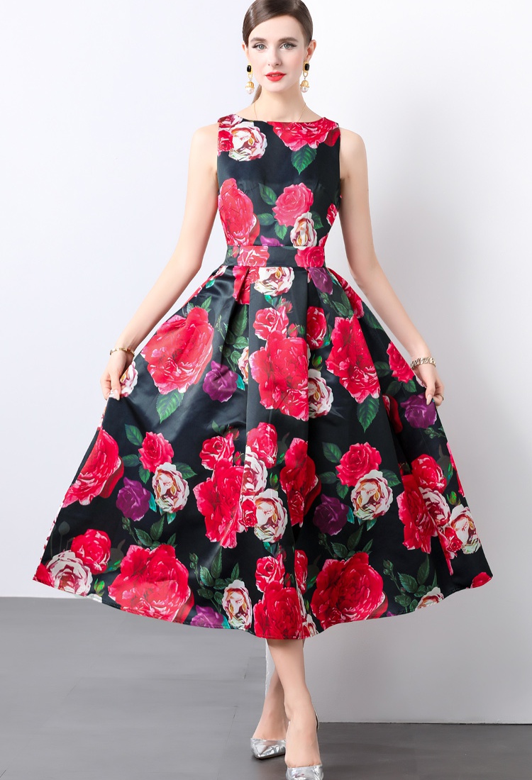 High waist sleeveless pinched waist stereoscopic dress