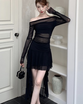 Black sexy irregular gauze enticement dress for women