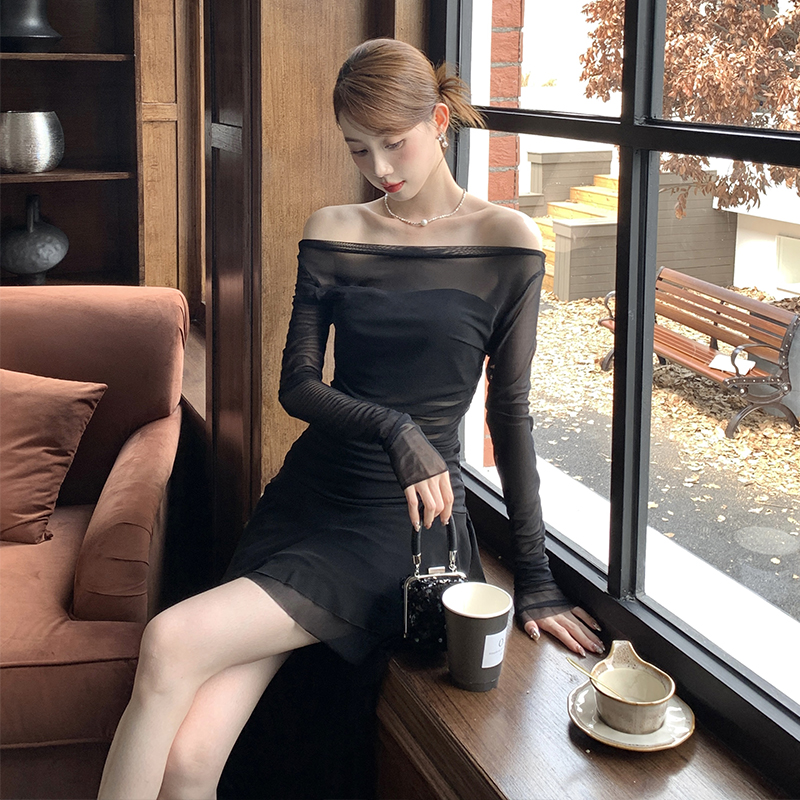 Black sexy irregular gauze enticement dress for women