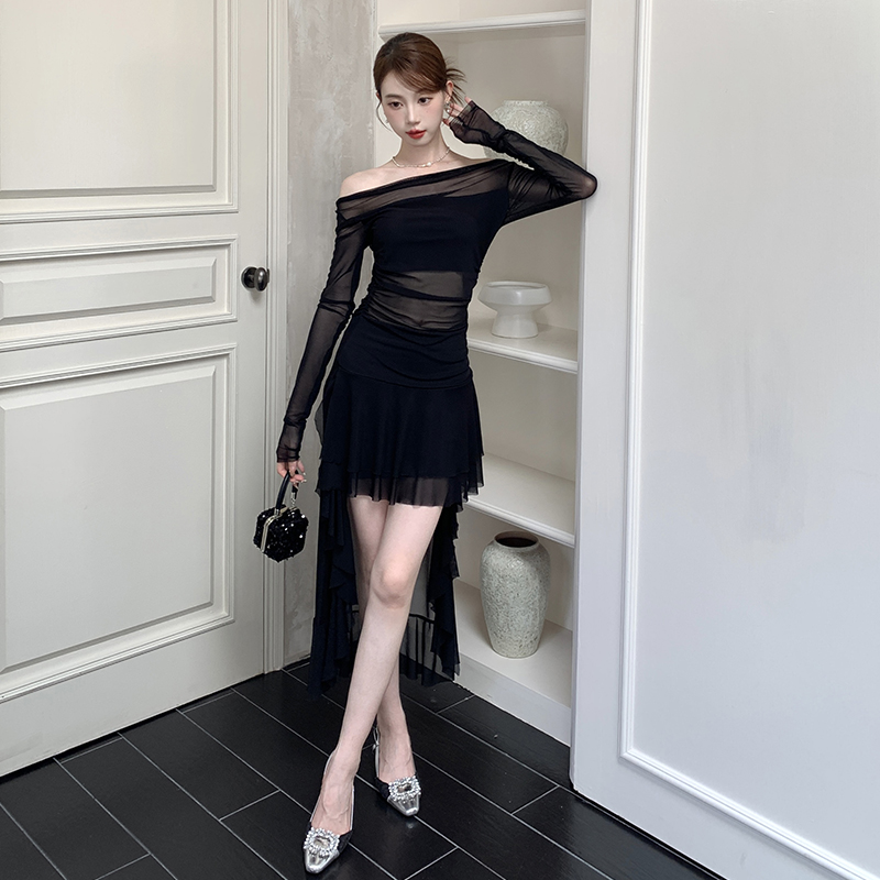 Black sexy irregular gauze enticement dress for women