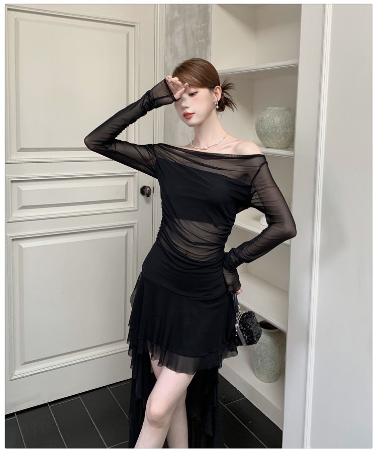 Black sexy irregular gauze enticement dress for women