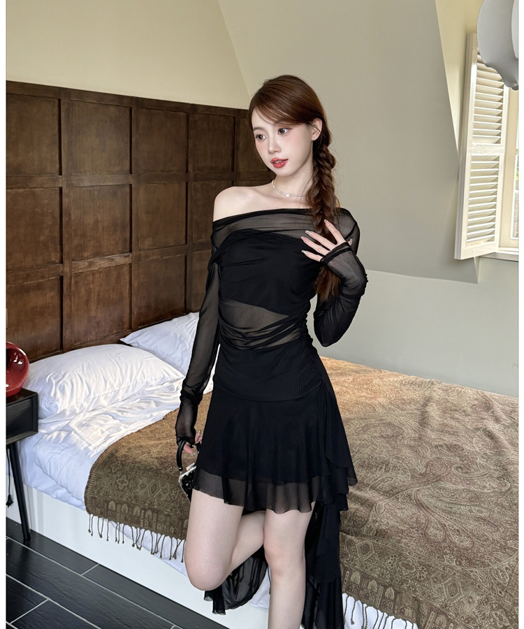 Black sexy irregular gauze enticement dress for women