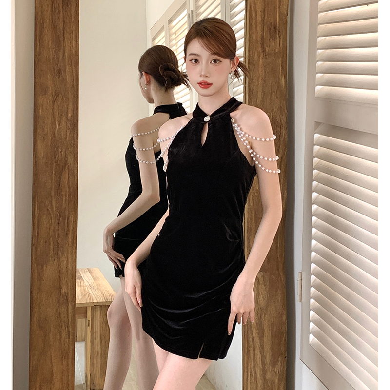 Autumn velvet cheongsam Chinese style package hip T-back