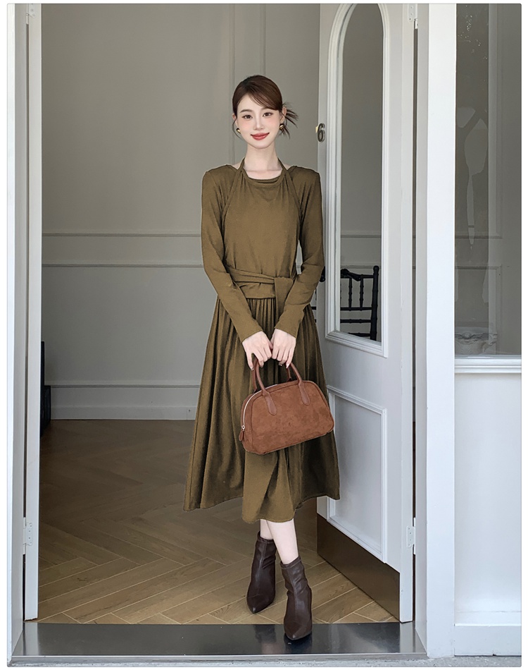 Slim minimalist bandage Pseudo-two halter autumn dress