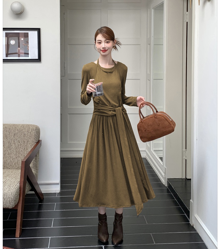 Slim minimalist bandage Pseudo-two halter autumn dress